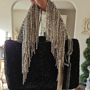 NWT Elegant Black and Silver Beaded Handbag
